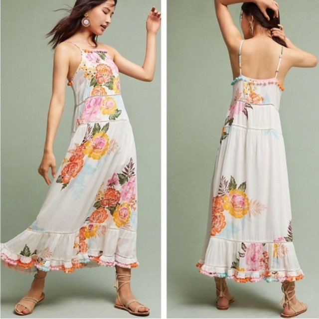 Anthropologie Farm Rio Havana Floral Pom Pom Dress Xsp